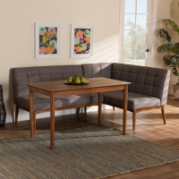 Baxton Studio BBT8051.11-GreyWalnut-3PC Dining Nook Set Baxton Studio Sanford Mid-Century Modern Grey Fabric Upholstered and Walnut Brown Finished Wood 3-Piece Dining Nook Set